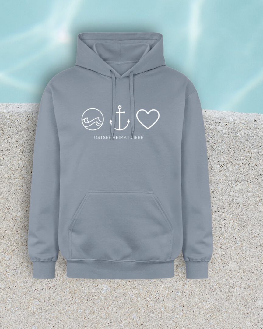 Wir lieben die Ostsee Pullover Baumwolle mit Schriftzug Ostsee Heimat Liebe, in grau, mit drei Symbolen Wasser, Anker, Herz